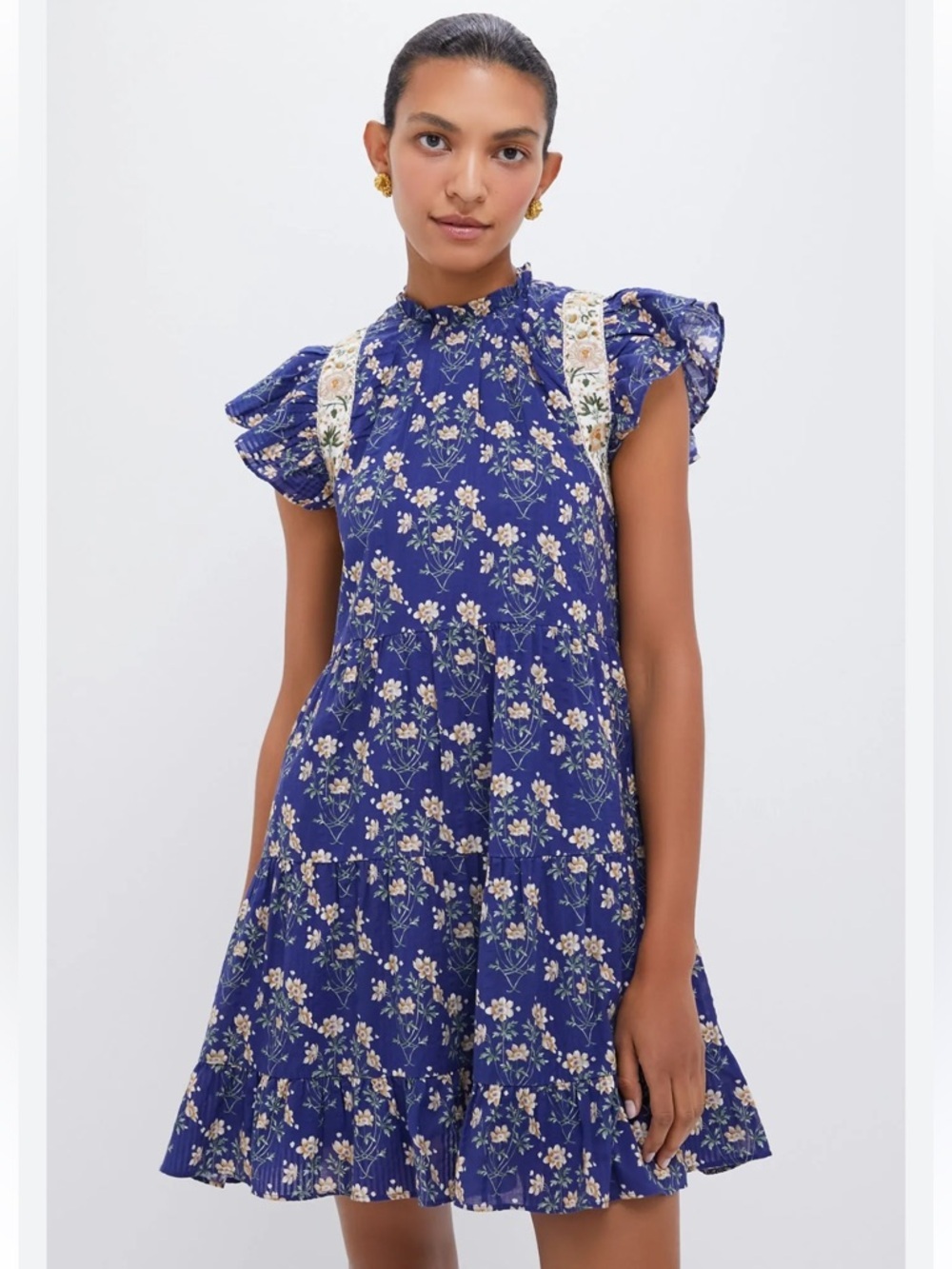 Sea NY Elizabeth Floral Tiered Ruffle Sleeve Blue Wedding Guest Dress Prairie M